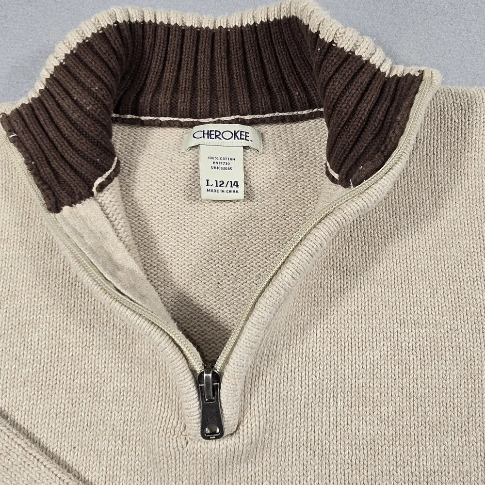 Cherokee Kids L 12/14 Tan Quarter‎ Zip Sweater Mock Neck Cotton Ribbed Trim